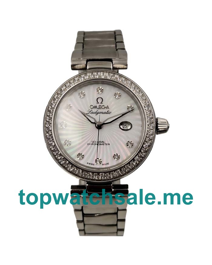 UK Top Swiss Fake Omega De Ville Ladymatic 425.35.34.20.55.001 With White Mother-Of-Pearl Dials For Women