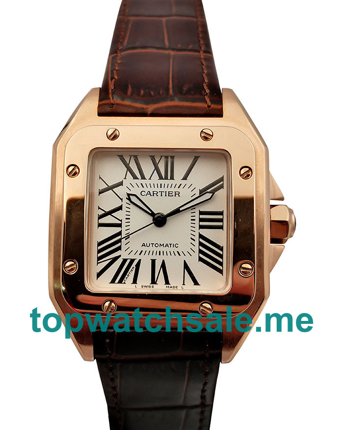 Swiss Luxury 34 MM Fake Cartier Santos 100 W20108Y1 With Silver Dials And Rose Gold Cases Onlineddd