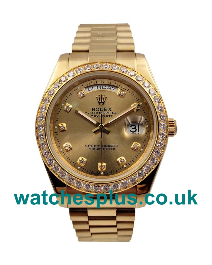 Swiss Luxury UK Champagne Dials Fake Rolex Day-Date 218348 With Gold Cases For Men