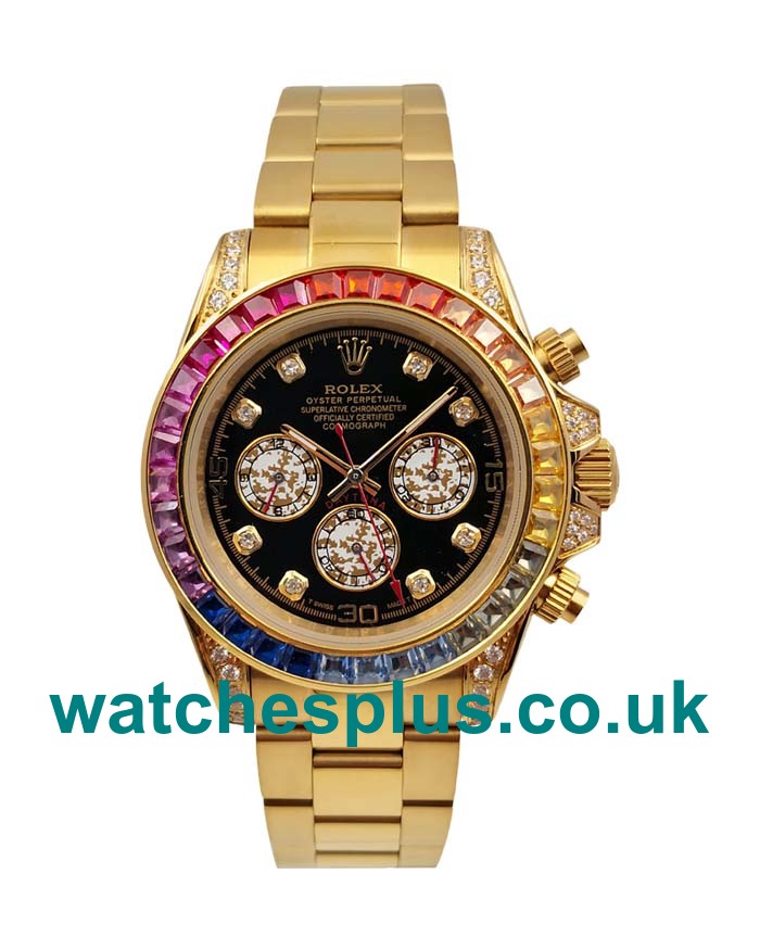 UK Swiss Luxury Rolex Daytona 116598 RBOW Replica Watches With Black Dials And Gold Cases For Sale