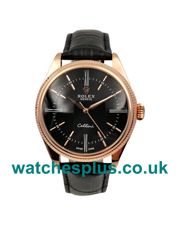 UK Top Swiss Black Dials Rolex Cellini 50505 Replica Watches With Rose Gold Cases Online